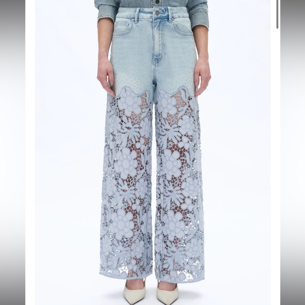 Light Blue Lace-Panel Wide-Leg Jeans - Picture 4 of 6